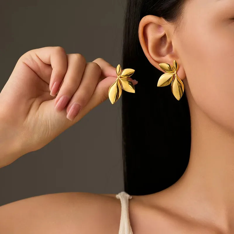 Leaves flower stainless steel anti tarnish earrings