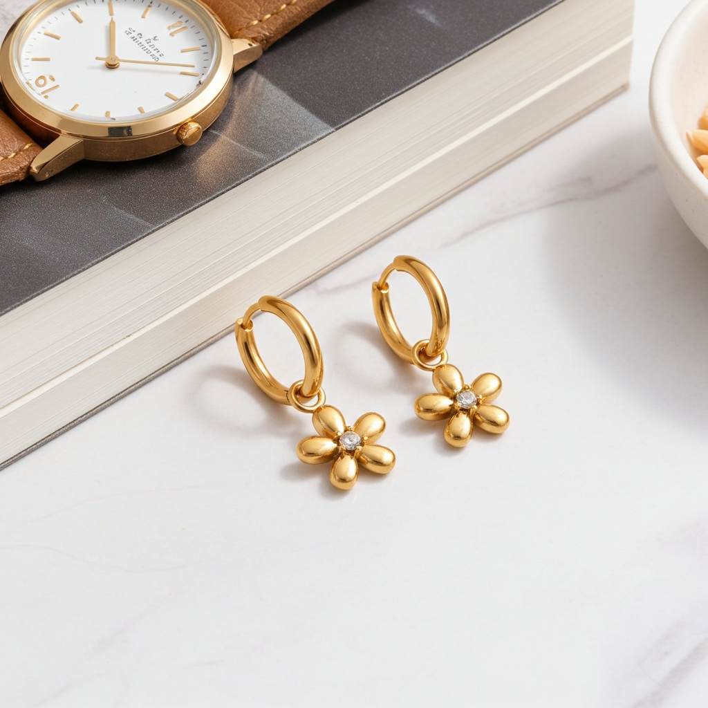 High-end Zircon in a golden flower earings