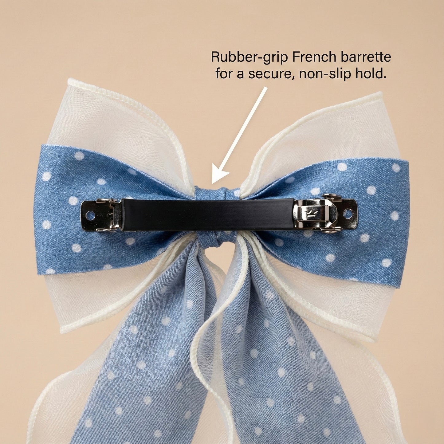 Denim Light Blue & Ivory Organza Hair Bow with Polka Dots | Non-Slip French Barrette