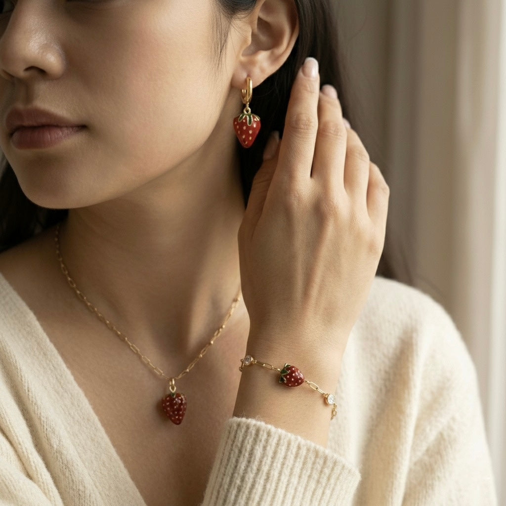 Strawberry Charm Combo Set –Necklace, Bracelet & HoopsEarrings Set | Myst Juels