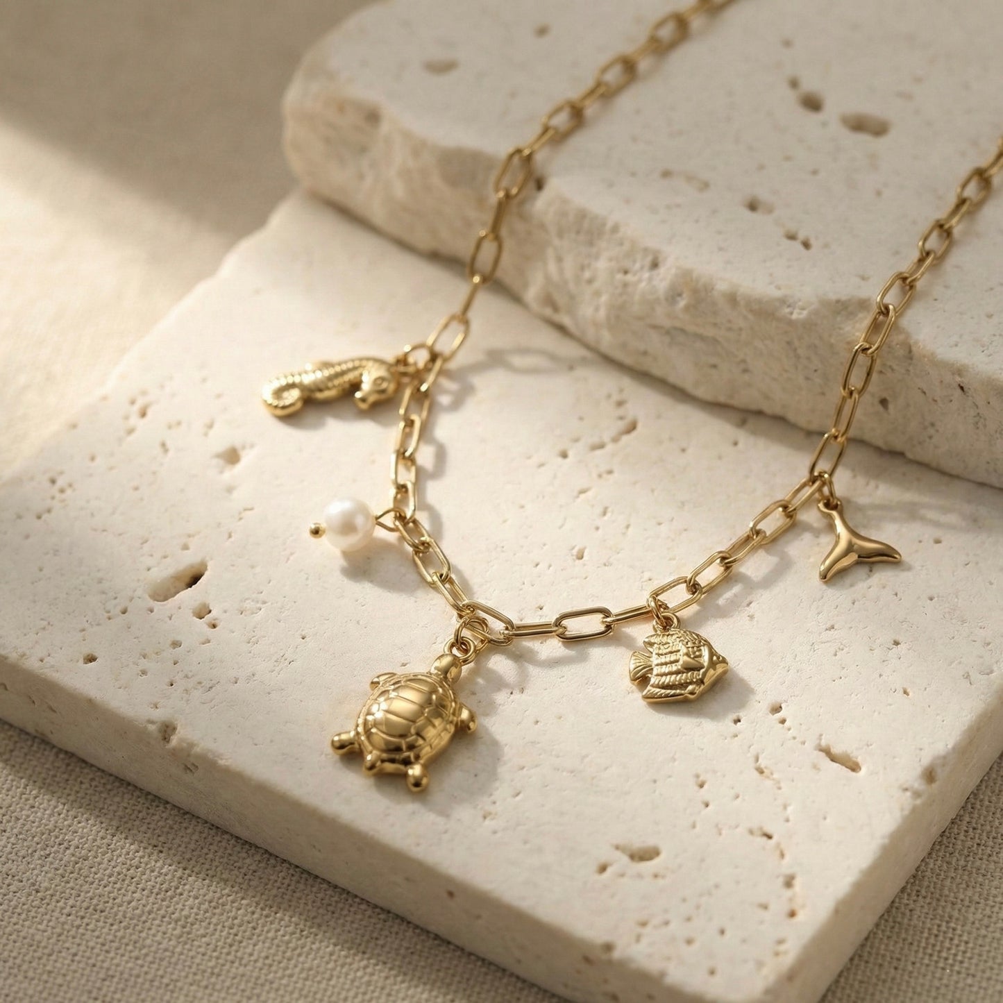Ocean Charm Gold Plated Chain Necklace – Pearl & Sea Motif Jewellery | Myst Juels