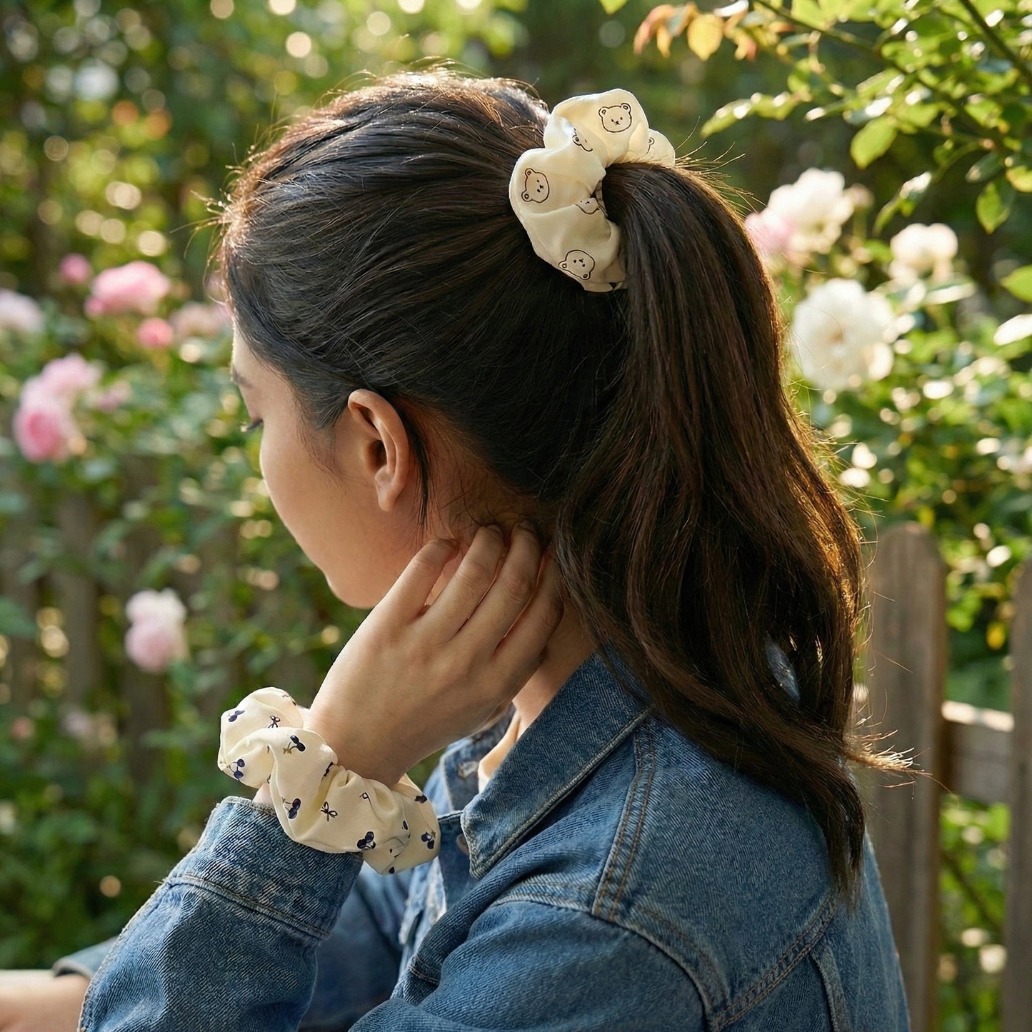Ivory Bear Print Scrunchie Duo – Soft Everyday Hair Accessory