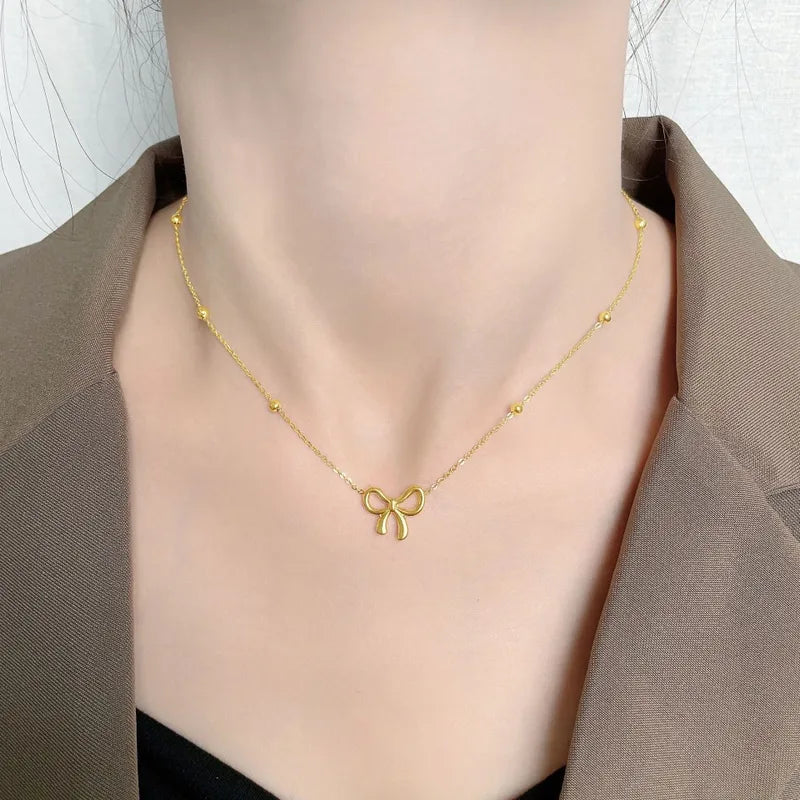 High-end bow stainless steel gold plated necklace