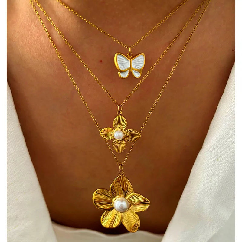 High-end butterfly white enamel gold plated necklace