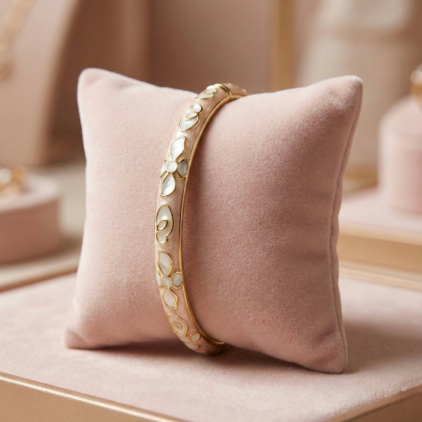 Blush Pink Enamel Floral Bangle with Mother-of-Pearl Inlay & Gold Outline