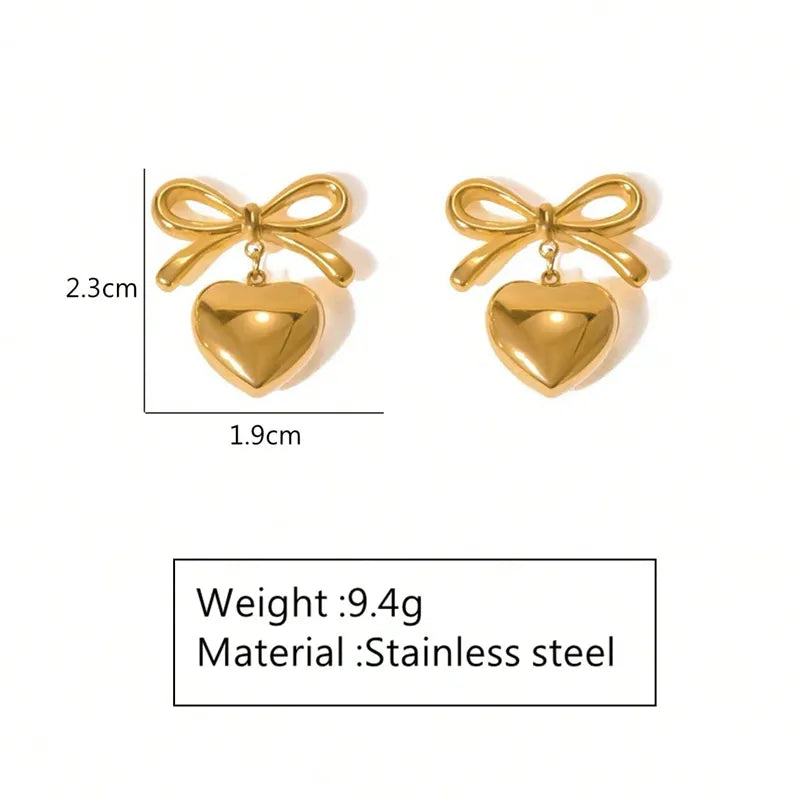 Ultra fine quality Simple bow and heart charm earrings