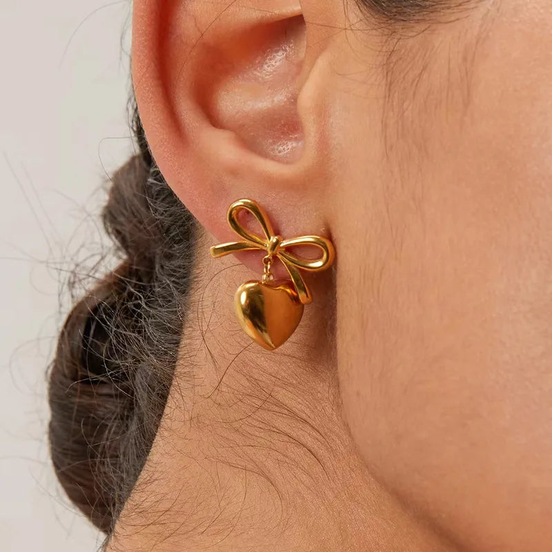 Ultra fine quality Simple bow and heart charm earrings