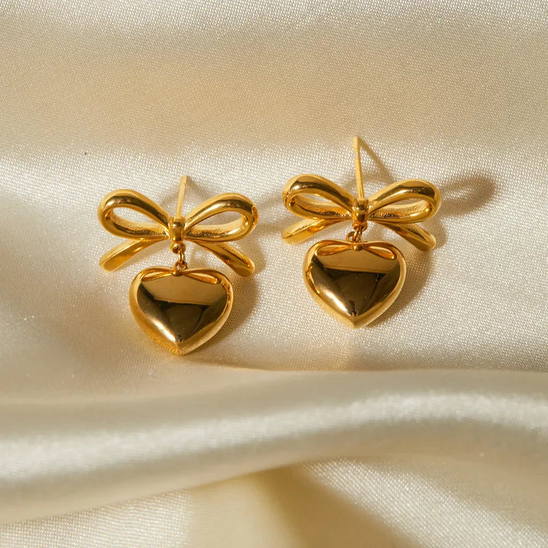 Ultra fine quality Simple bow and heart charm earrings