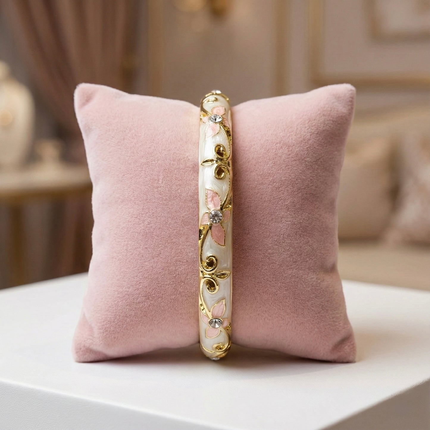 Ivory Enamel Floral Bangle with Blush Pink Petal Motifs, Crystal Centers & Gold Vine Detailing