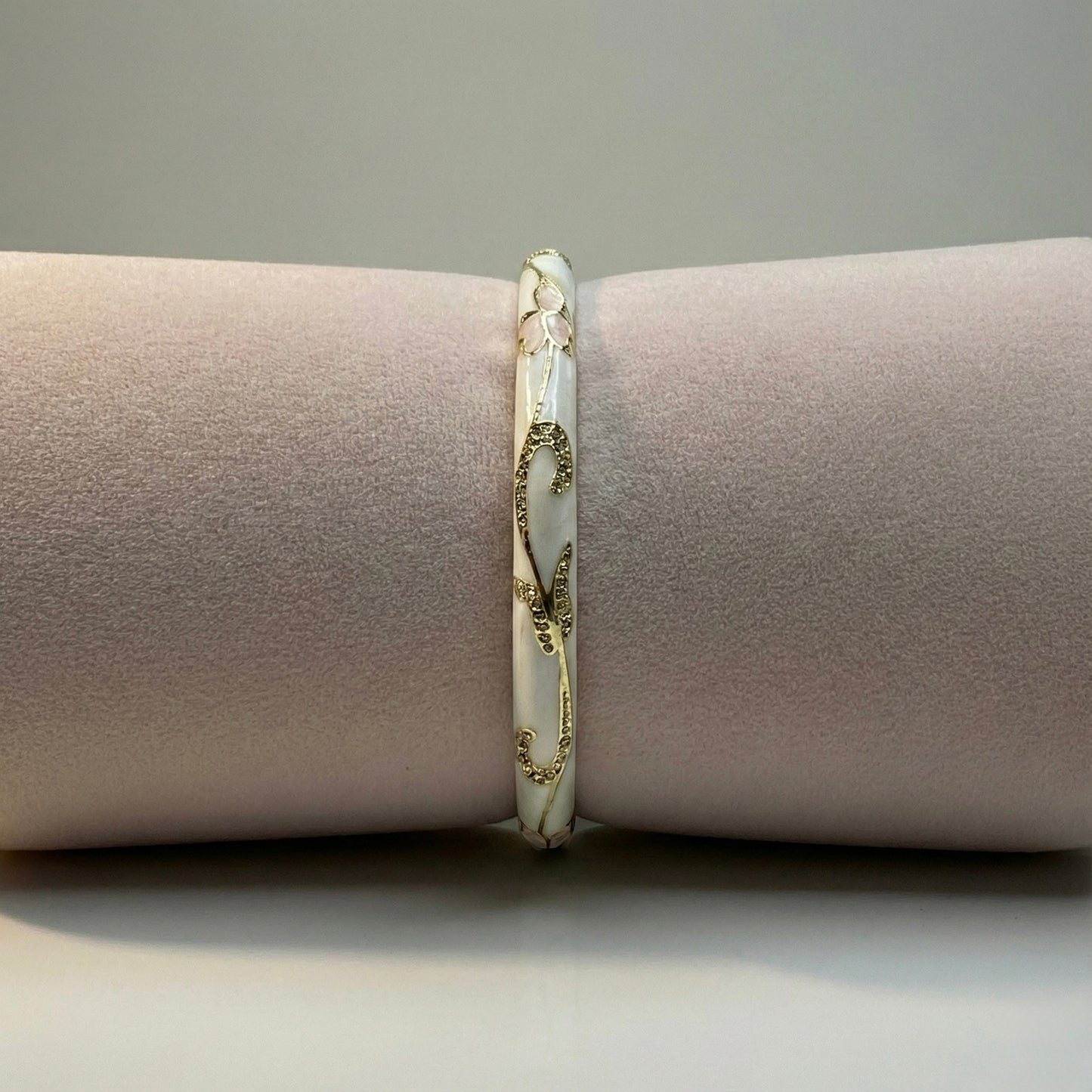 Ivory Pearl-Finish Floral Enamel Bangle with Crystal Swirl