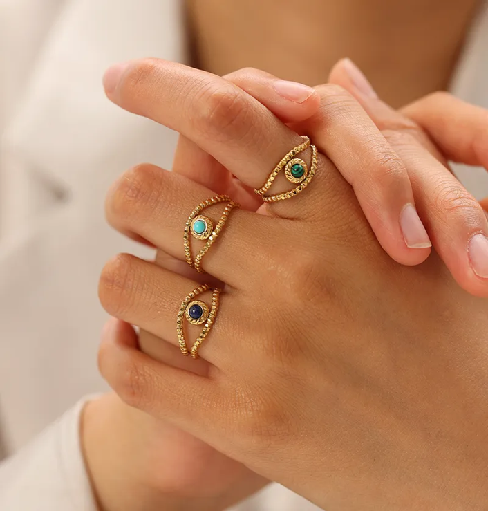 Evil eye adjustable anti tarnish ring