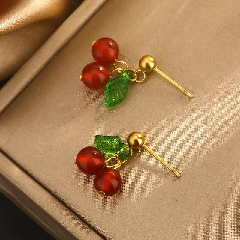 Anti tarnish gold plated red cherry earings