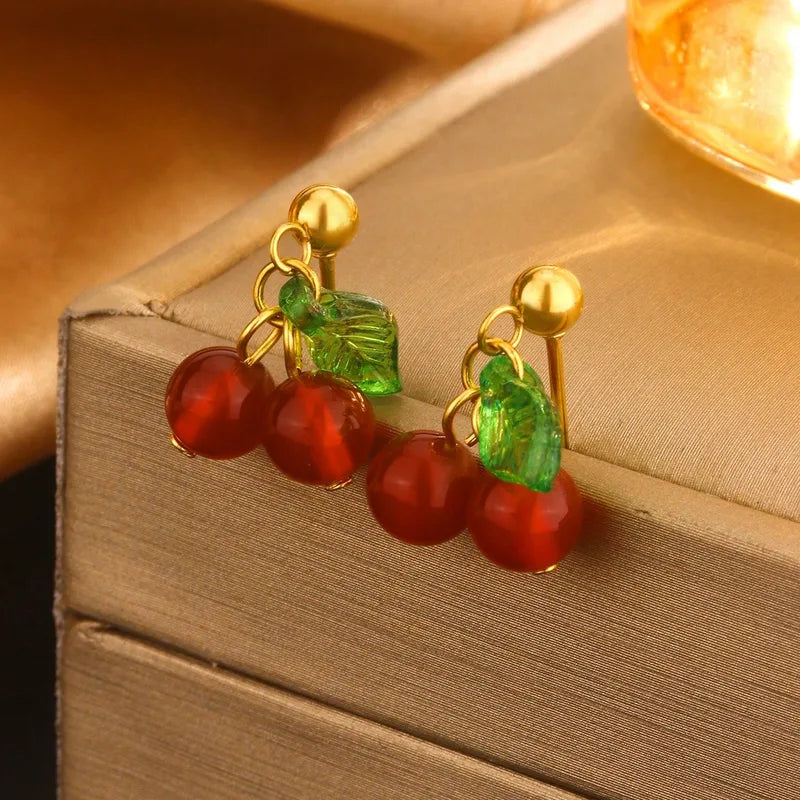 Anti tarnish gold plated red cherry earings