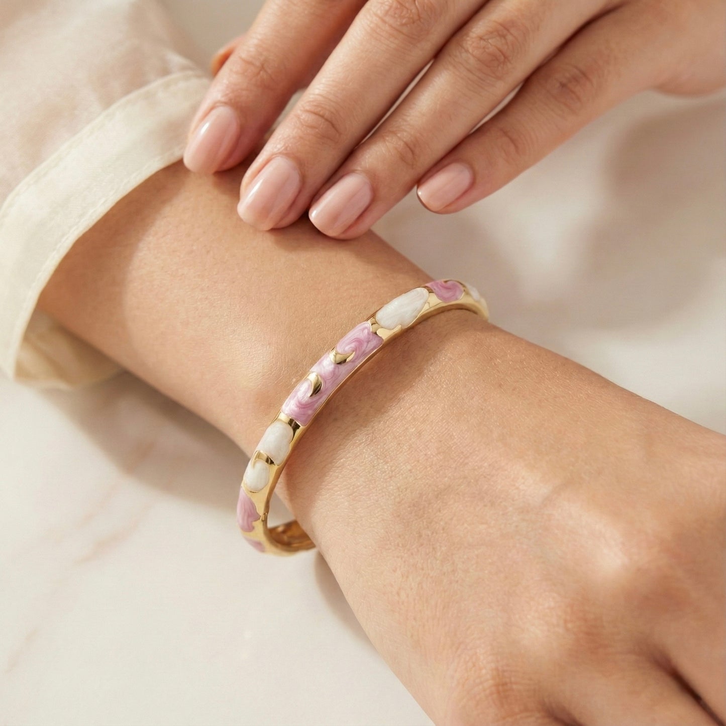 Rose Pink & Pearl Enamel Swirl Bangle with Gold Accents | Elegant Statement Bracelet