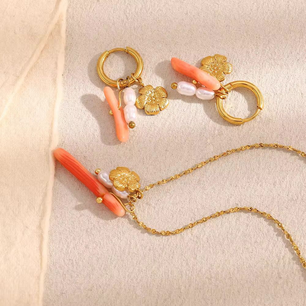 Peach pearl flower charms earings