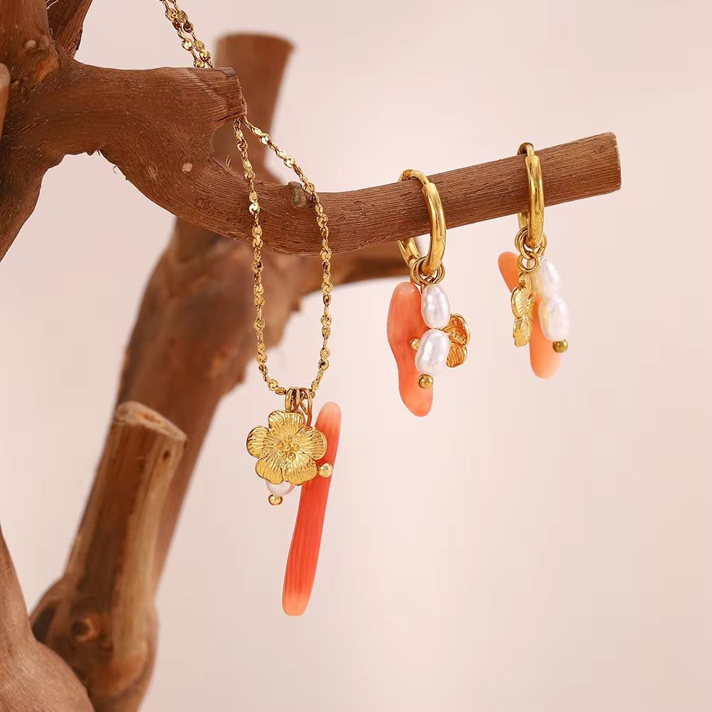 Peach pearl flower charms earings