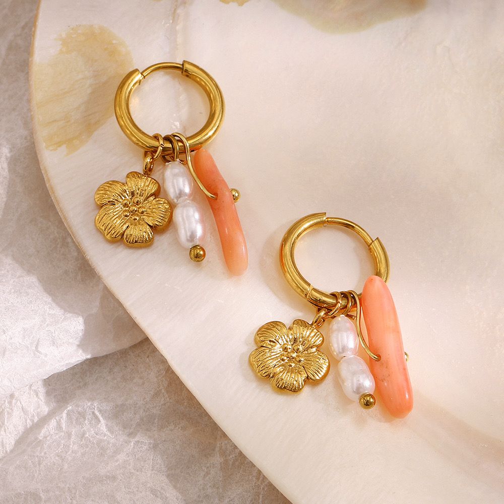 Peach pearl flower charms earings