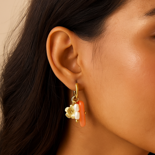 Peach pearl flower charms earings