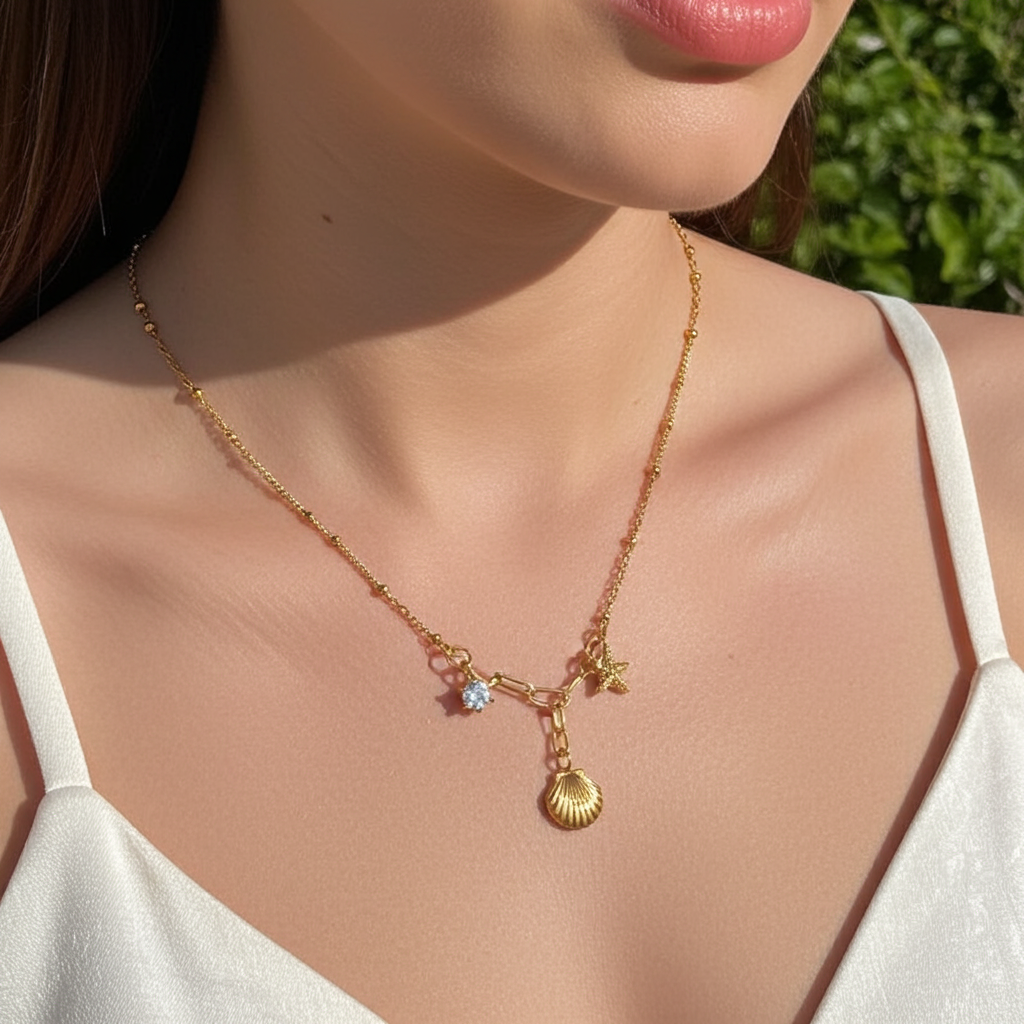 Ultra premium Elegant 3 charms beach pvd gold plated necklace