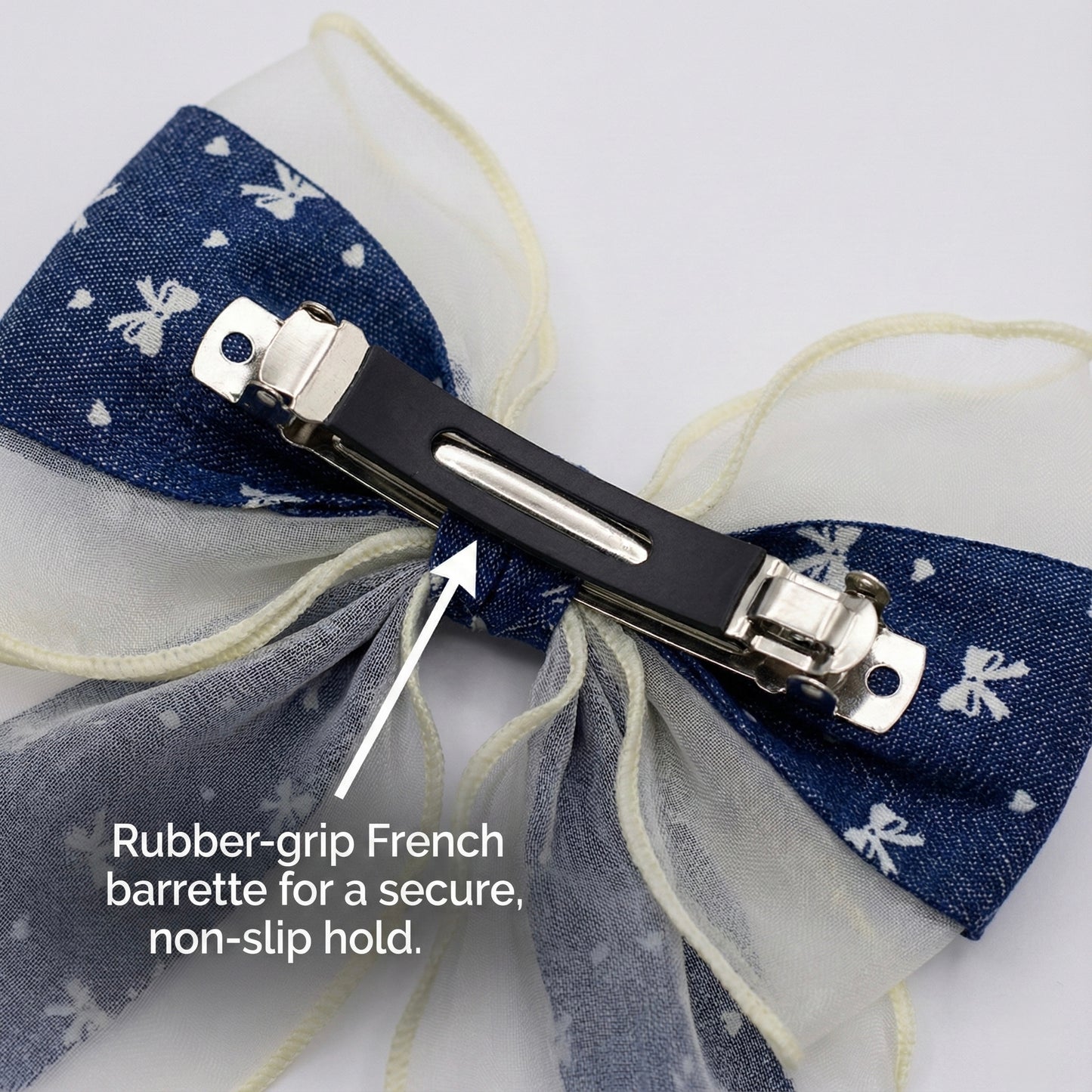 Denim Blue & Ivory Organza Hair Bow with Bow Texture | Non-Slip French Barrette