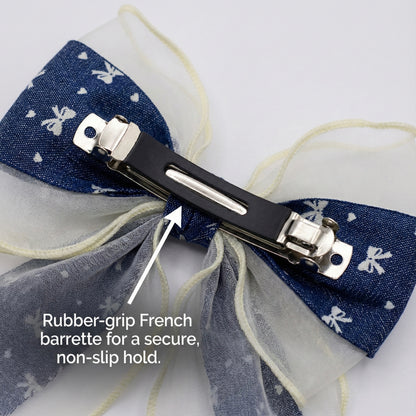 Denim Blue & Ivory Organza Hair Bow with Bow Texture | Non-Slip French Barrette