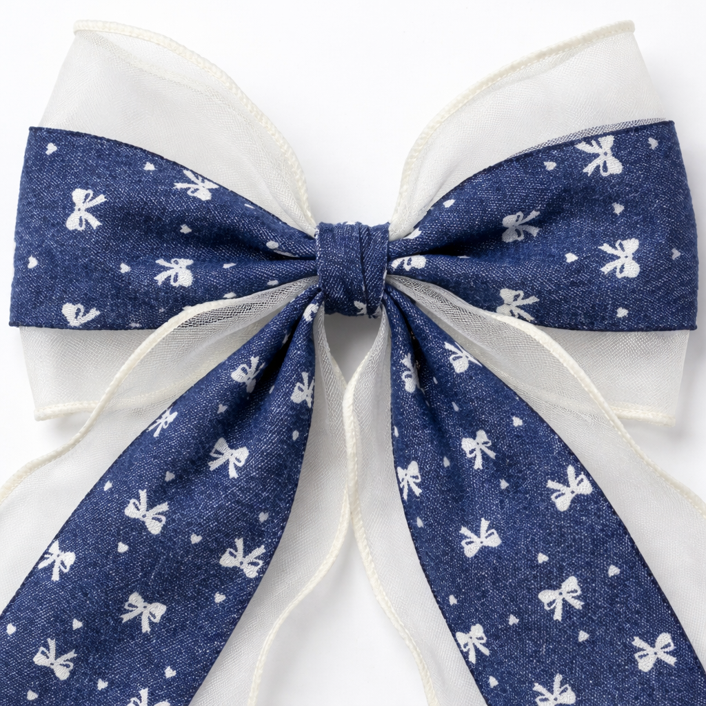Denim Blue & Ivory Organza Hair Bow with Bow Texture | Non-Slip French Barrette