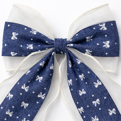 Denim Blue & Ivory Organza Hair Bow with Bow Texture | Non-Slip French Barrette