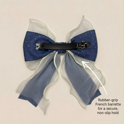 Denim Blue & Ivory Organza Hair Bow with Polka Texture