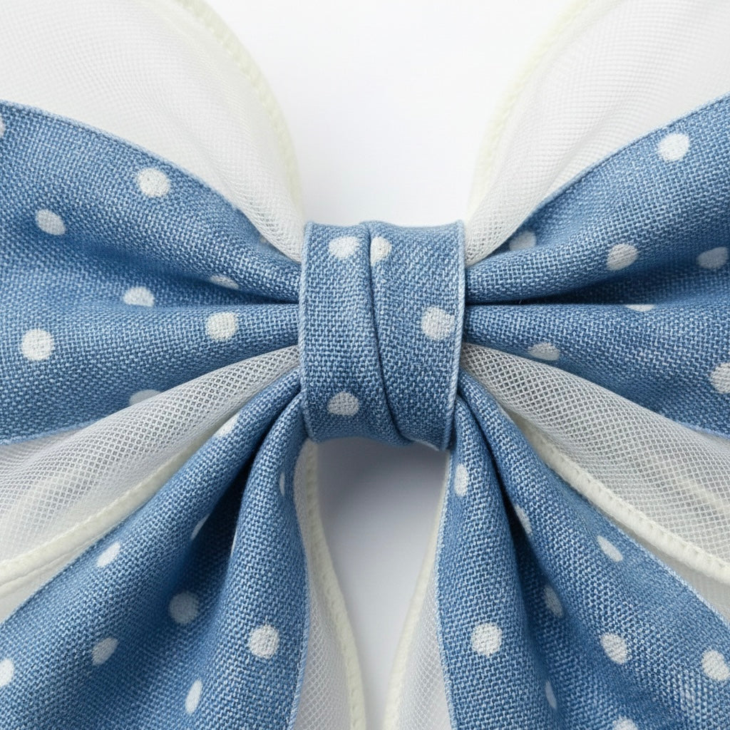 Close-up of a blue polka dot bow with white background