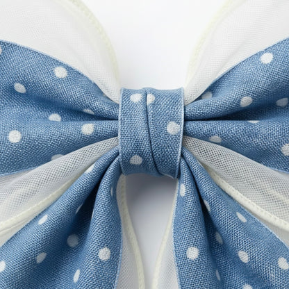 Close-up of a blue polka dot bow with white background