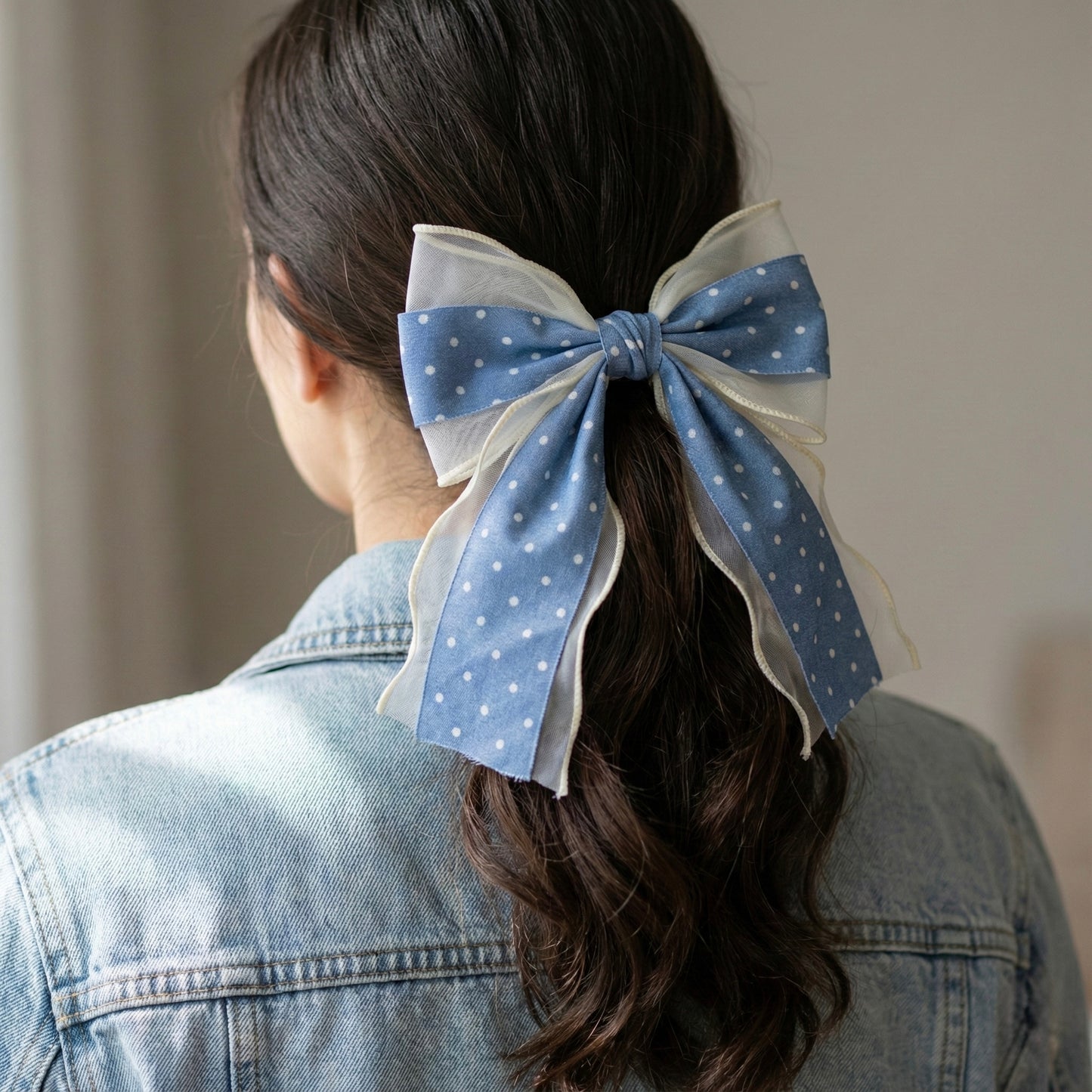 Denim Light Blue & Ivory Organza Hair Bow with Polka Dots | Non-Slip French Barrette