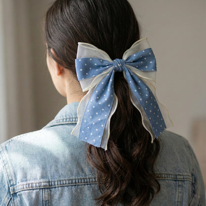 Denim Light Blue & Ivory Organza Hair Bow with Polka Dots | Non-Slip French Barrette