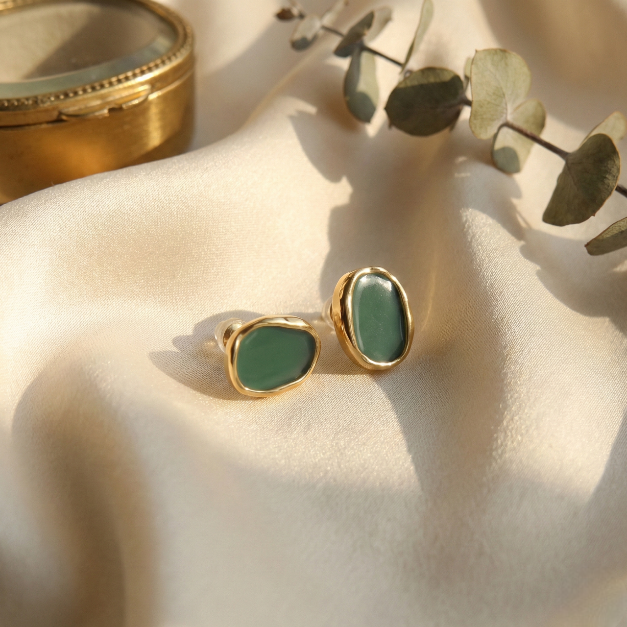 Enamel Green Stud Earrings for Women – Minimal Gold Luxury Earrings | Myst Juels