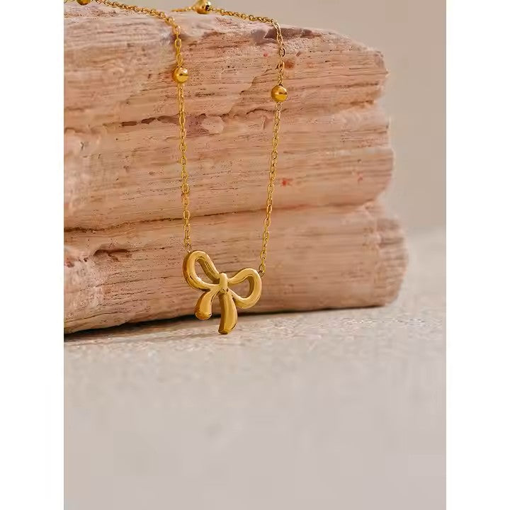 High-end bow stainless steel gold plated necklace