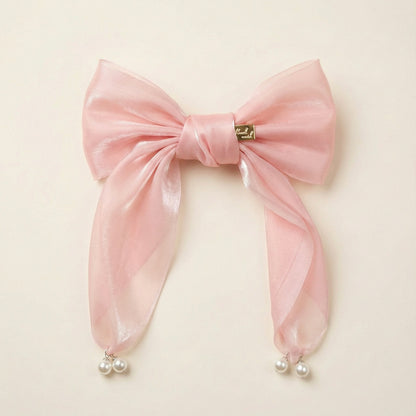 Blush Pink Organza Hair Bow with Pearl Ends | Non-Slip French Barrette