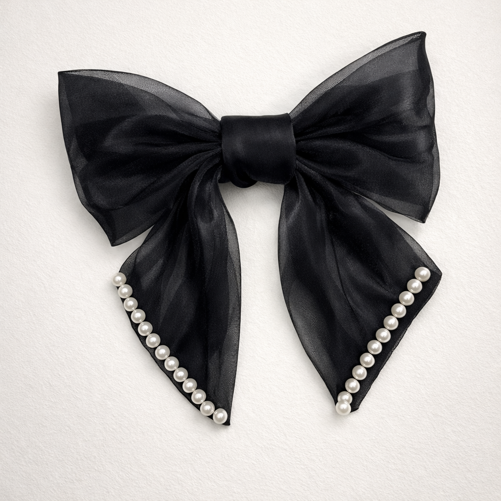 Midnight Noir Organza Hair Bow with Pearl Edges