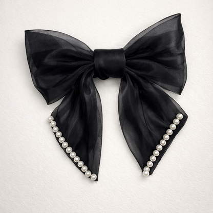 Midnight Noir Organza Hair Bow with Pearl Edges