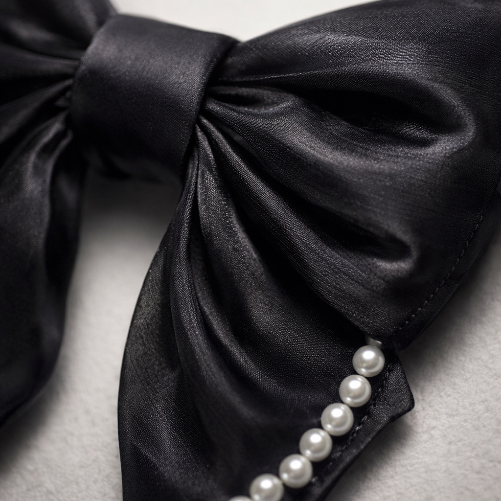 Midnight Noir Organza Hair Bow with Pearl Edges