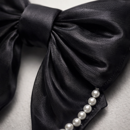 Midnight Noir Organza Hair Bow with Pearl Edges