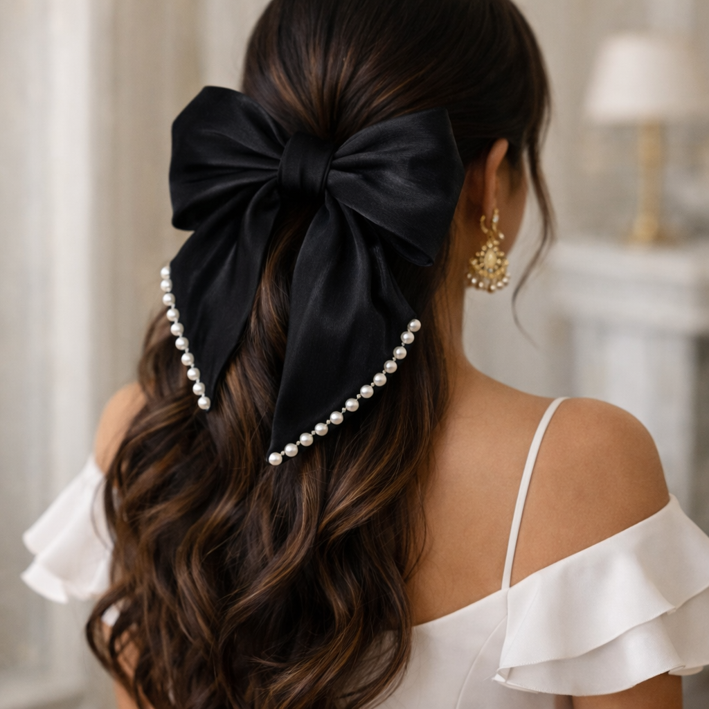 Midnight Noir Organza Hair Bow with Pearl Edges