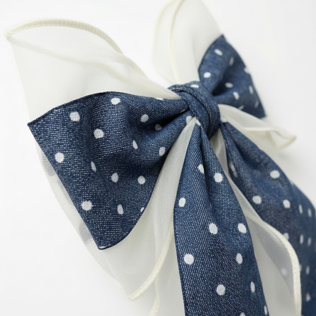 Denim Dark Blue & Ivory Organza Hair Bow with Polka Dots | Non-Slip Rubber Grip French Barrette