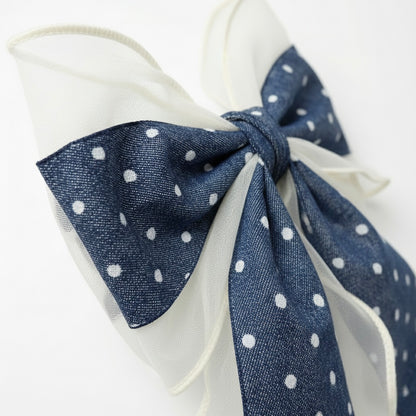 Denim Dark Blue & Ivory Organza Hair Bow with Polka Dots | Non-Slip Rubber Grip French Barrette