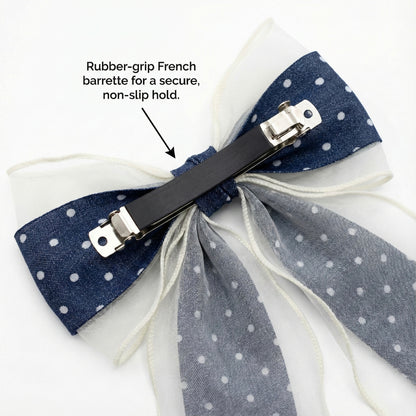 Denim Dark Blue & Ivory Organza Hair Bow with Polka Dots | Non-Slip Rubber Grip French Barrette