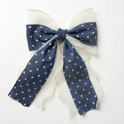 Denim Dark Blue & Ivory Organza Hair Bow with Polka Dots | Non-Slip Rubber Grip French Barrette