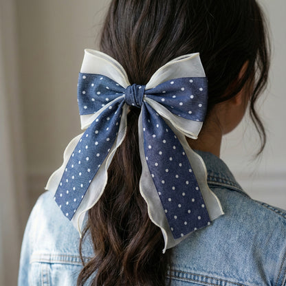 Denim Dark Blue & Ivory Organza Hair Bow with Polka Dots | Non-Slip Rubber Grip French Barrette