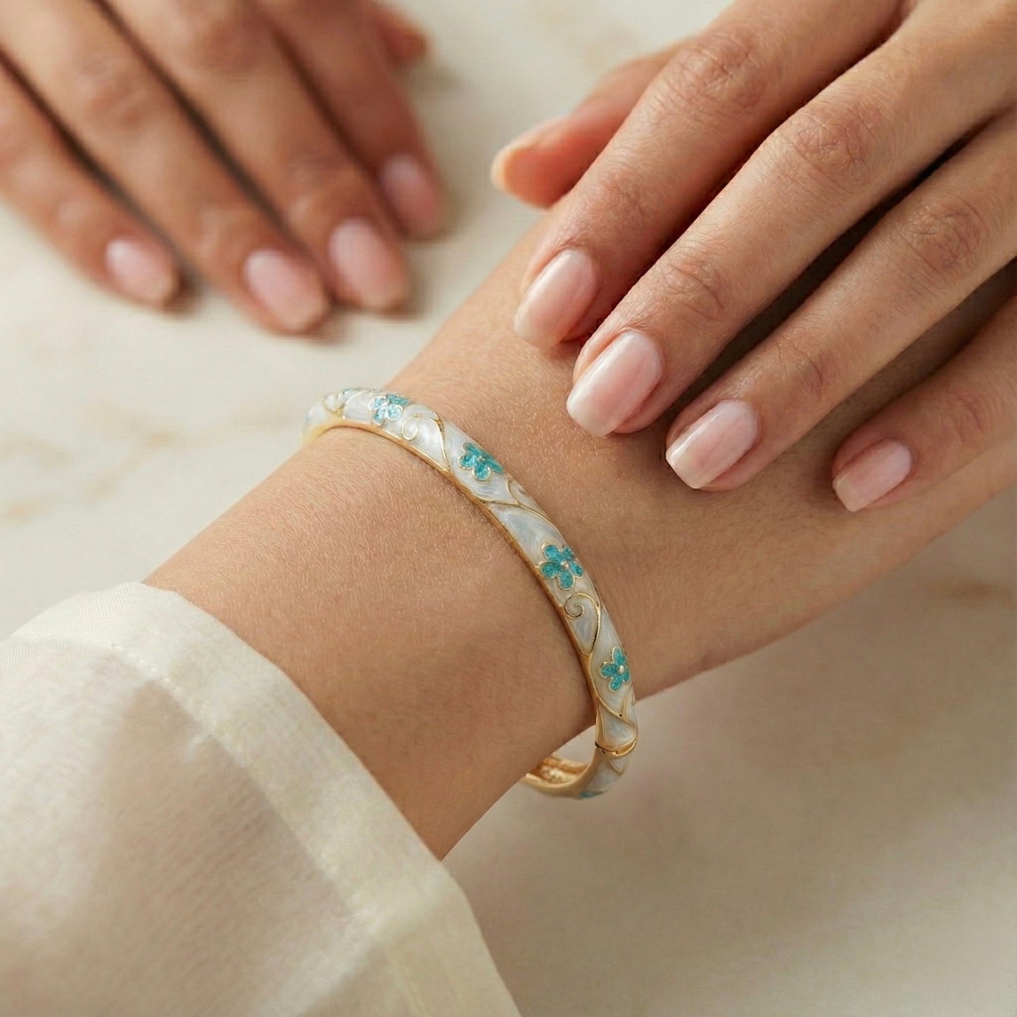 Seafoam Blue Enamel Floral Bangle with Green Stone Accents & Gold Swirl Detailing