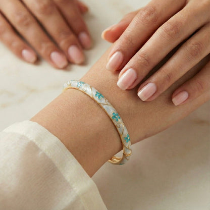 Seafoam Blue Enamel Floral Bangle with Green Stone Accents & Gold Swirl Detailing