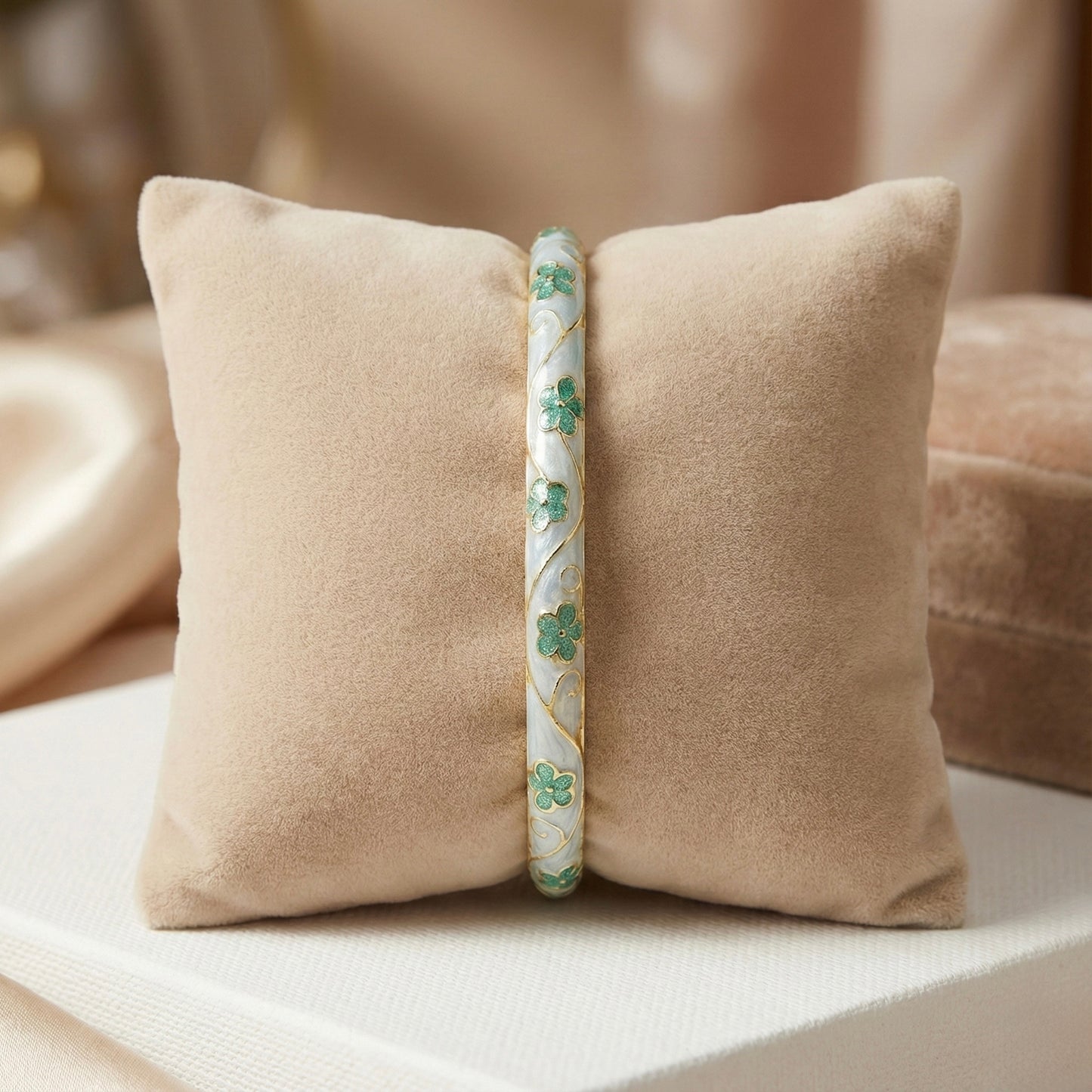 Seafoam Blue Enamel Floral Bangle with Green Stone Accents & Gold Swirl Detailing
