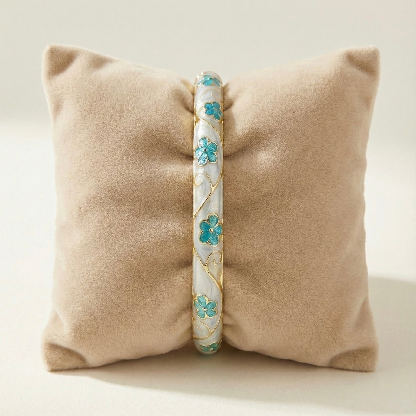 Seafoam Blue Enamel Floral Bangle with Green Stone Accents & Gold Swirl Detailing