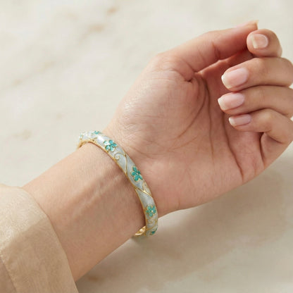 Seafoam Blue Enamel Floral Bangle with Green Stone Accents & Gold Swirl Detailing